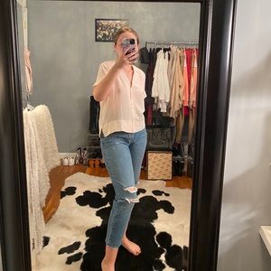 Short Sleeve Sheer Pink Button Down